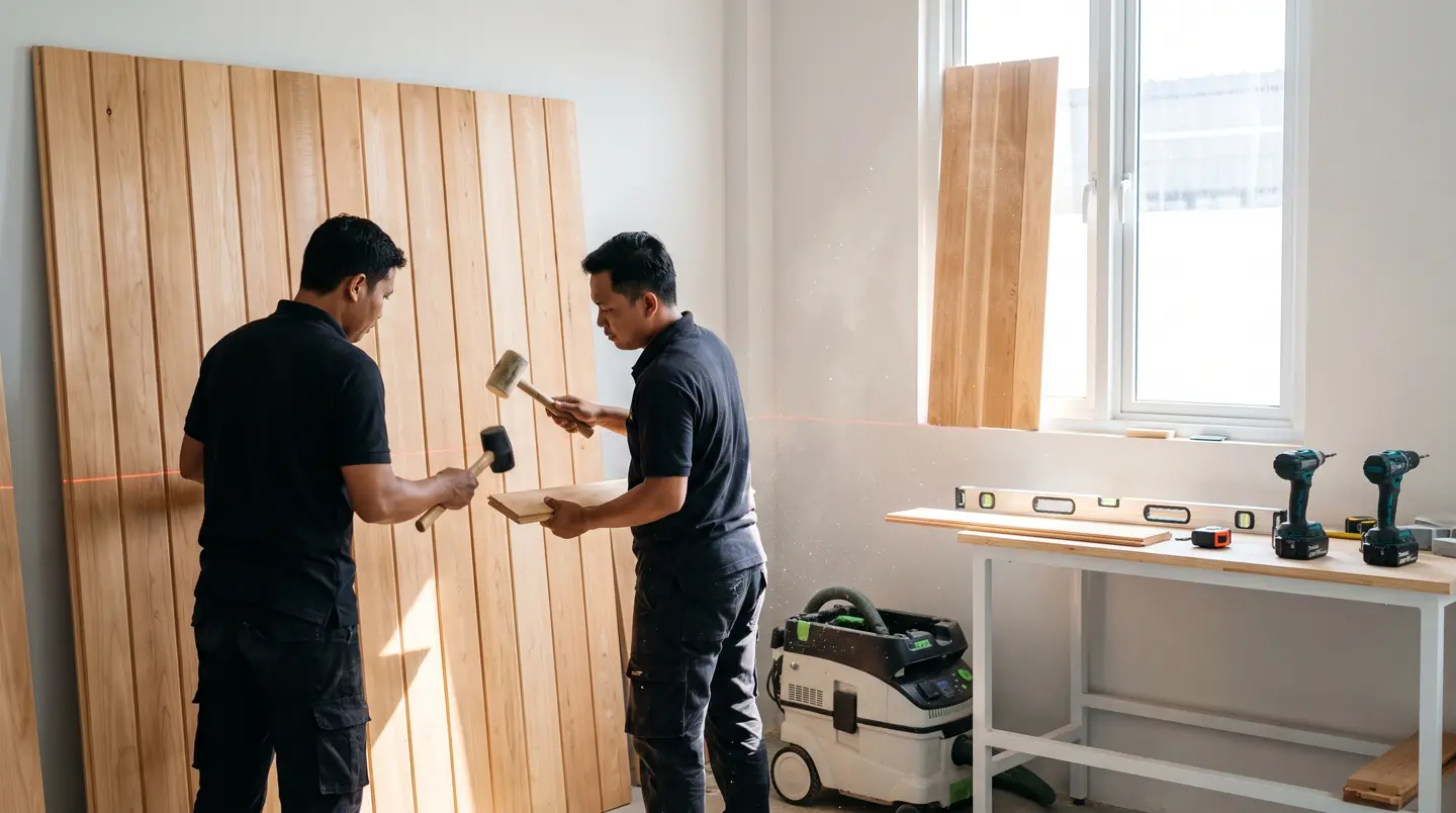 Tukang kayu memasang bangku aspen sauna di bengkel Sauna Batam