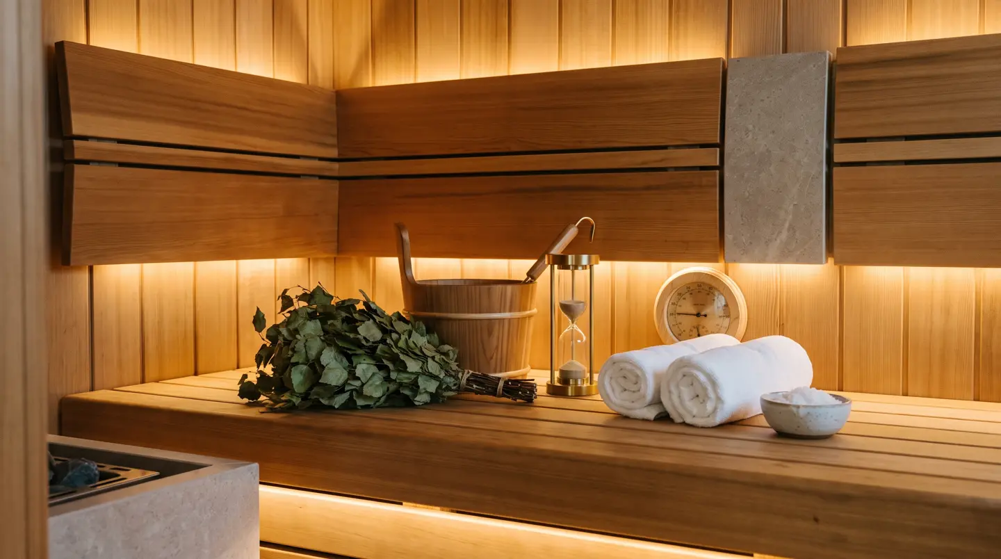 Aksesori sauna: veniki, ember kayu, gayung kuningan, jam pasir dan termometer