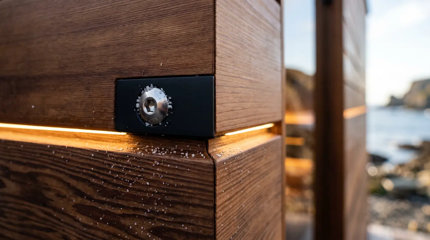 Detail sambungan presisi bangku sauna kayu cedar dengan LED hangat tersembunyi