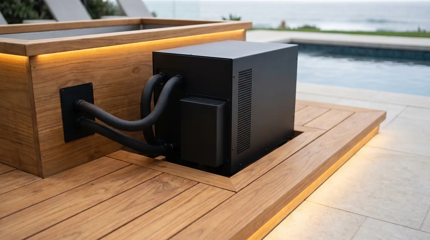 Detail chiller hitam modern dan selang terisolasi di samping ice bath kayu jati