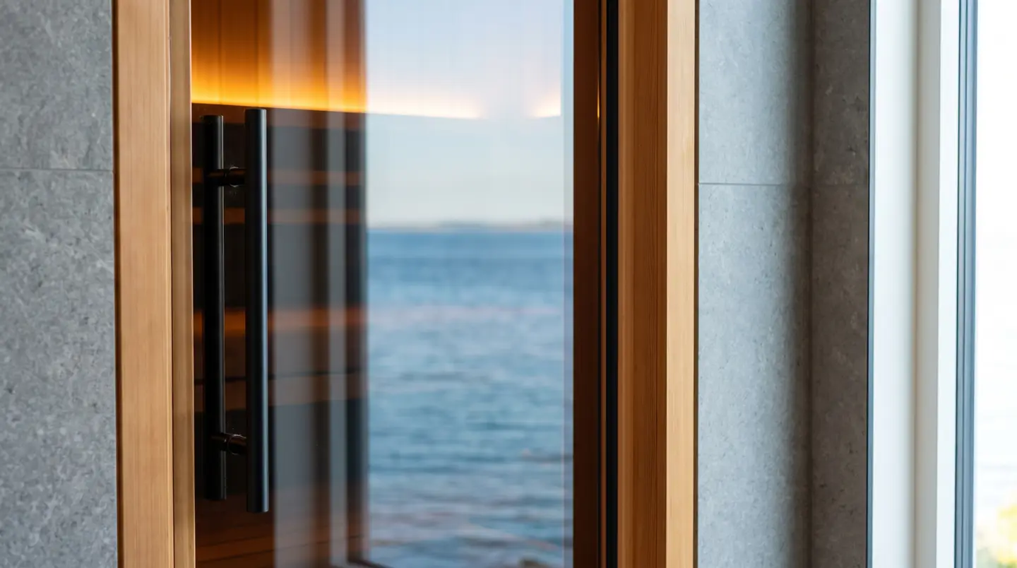 Detail pintu kaca tempered sauna dengan handle hitam matte dan seal magnetik