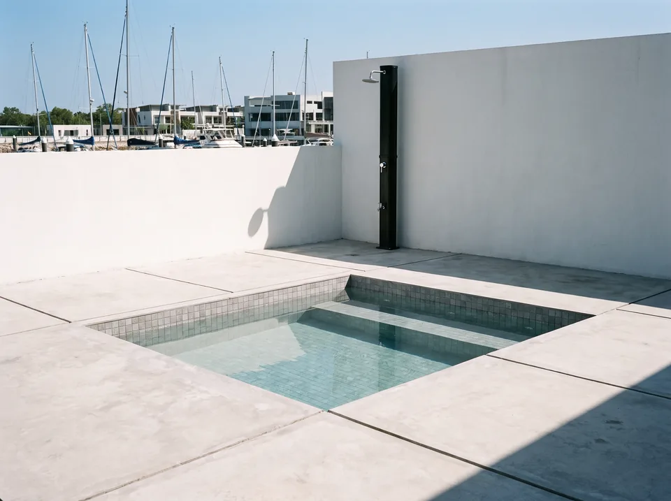 Kolam cold plunge persegi minimalis dengan shower outdoor di patio Batam