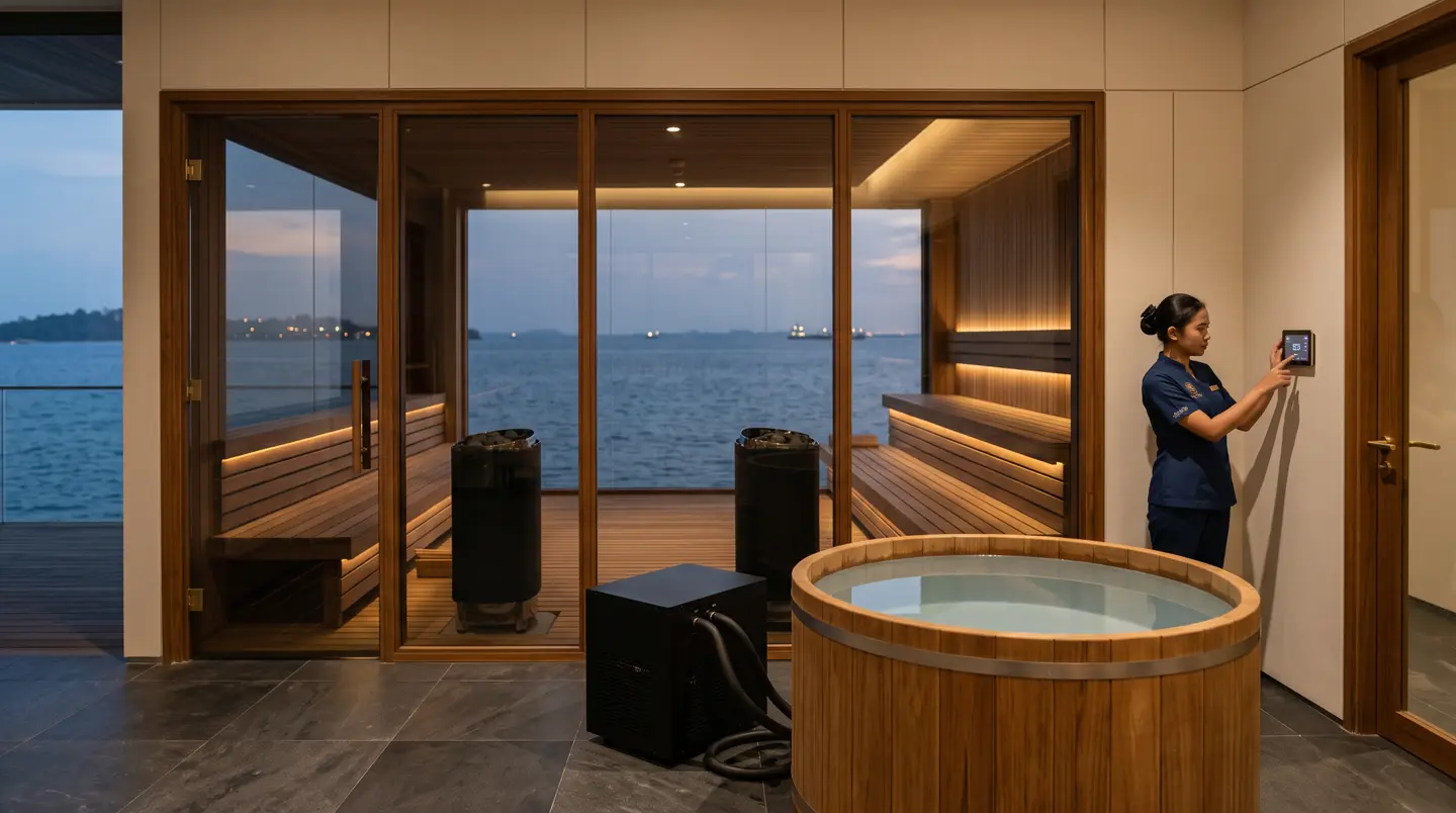 Proyek Sauna kaca dan cold plunge di dek kolam vila Nongsa di Sambau, Nongsa, Batam