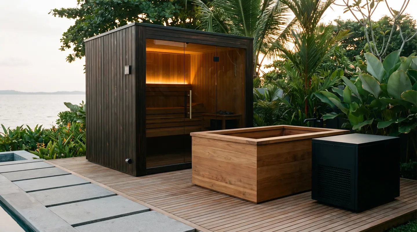 Sauna dan ice bath kayu jati terpasang di Nongsa, Batam