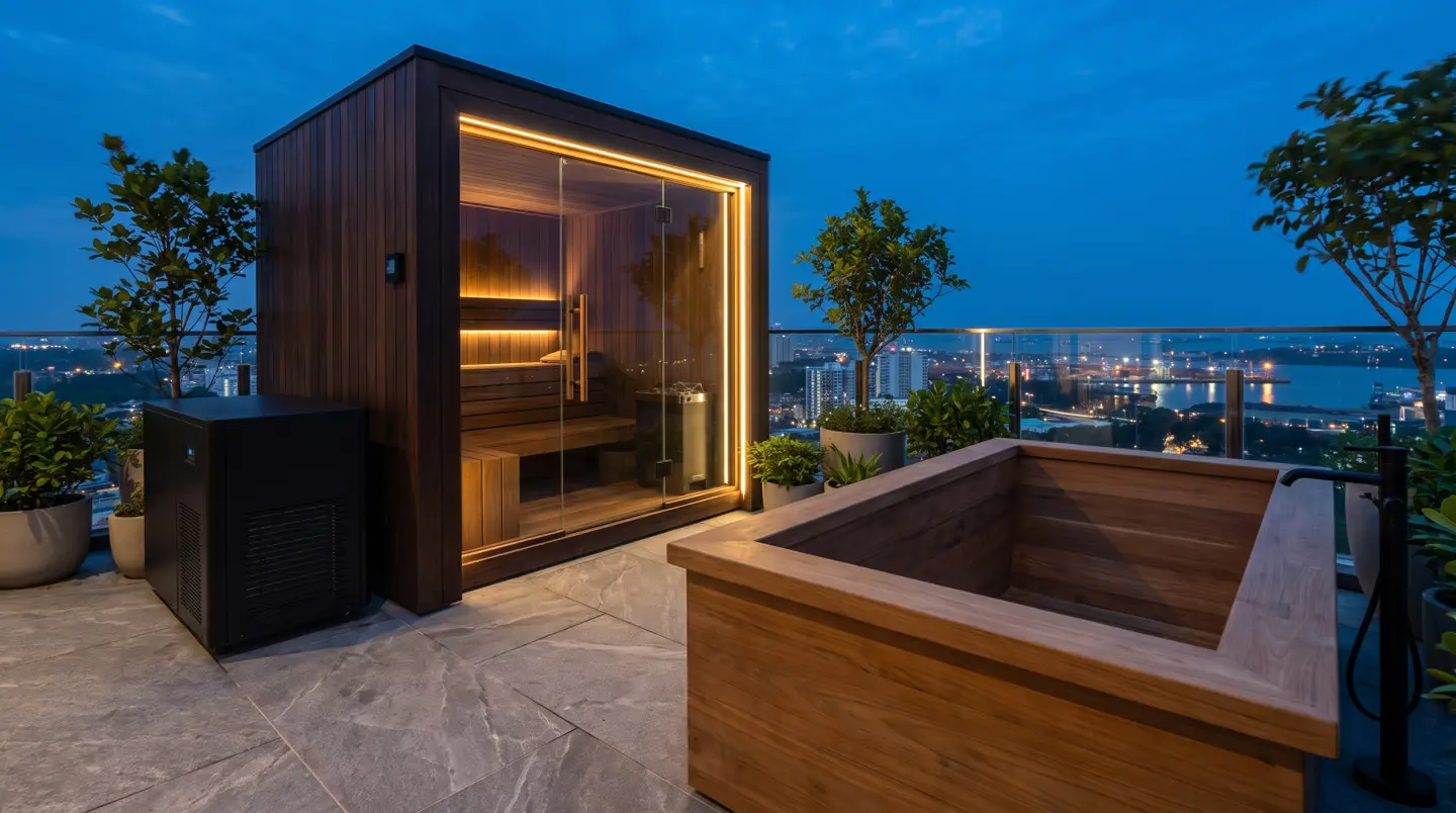 Sauna dan ice bath kayu jati terpasang di Nagoya – Jodoh, Batam
