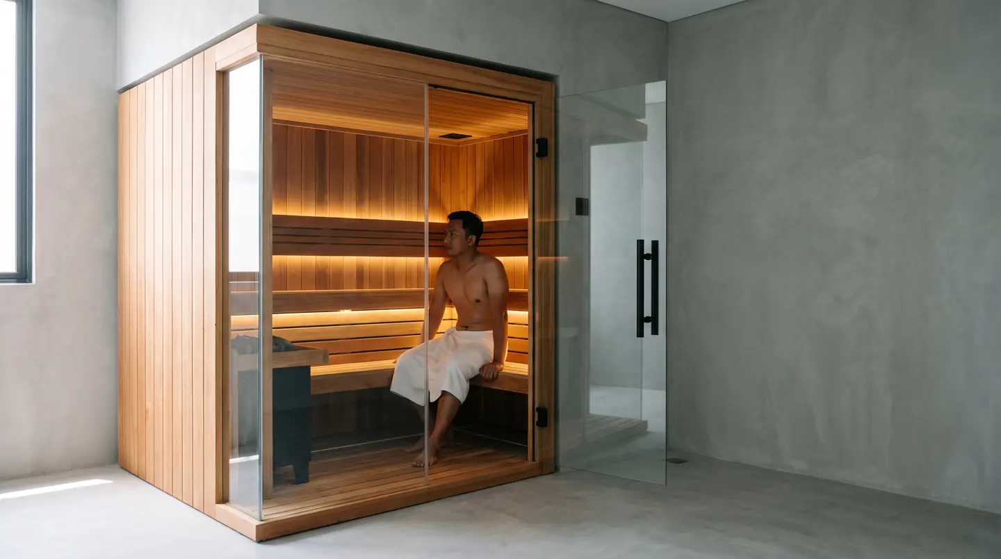 Sauna box prefab 2 orang di kamar rumah cluster Batam