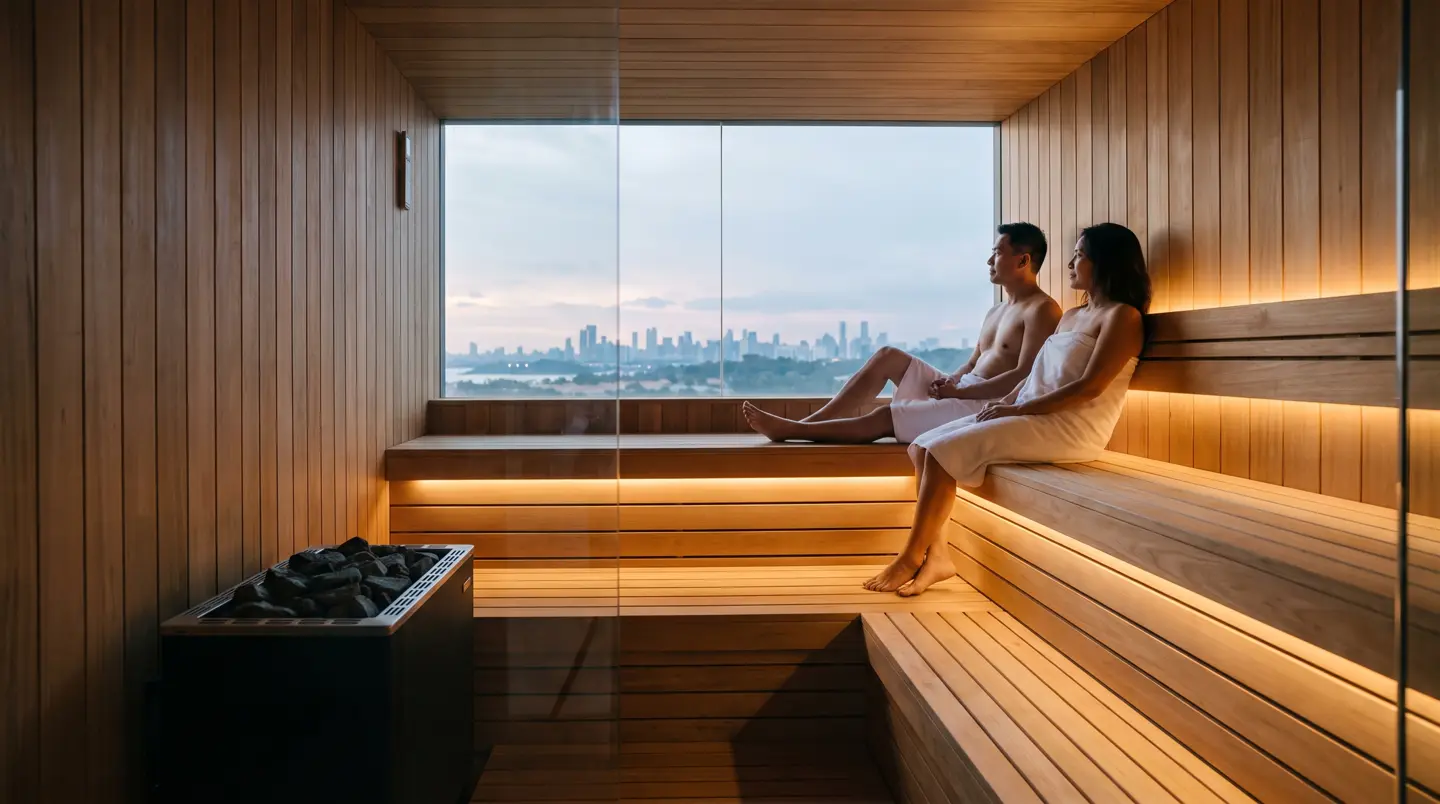 Interior sauna kering 4 orang bangku red cedar di rumah Batam