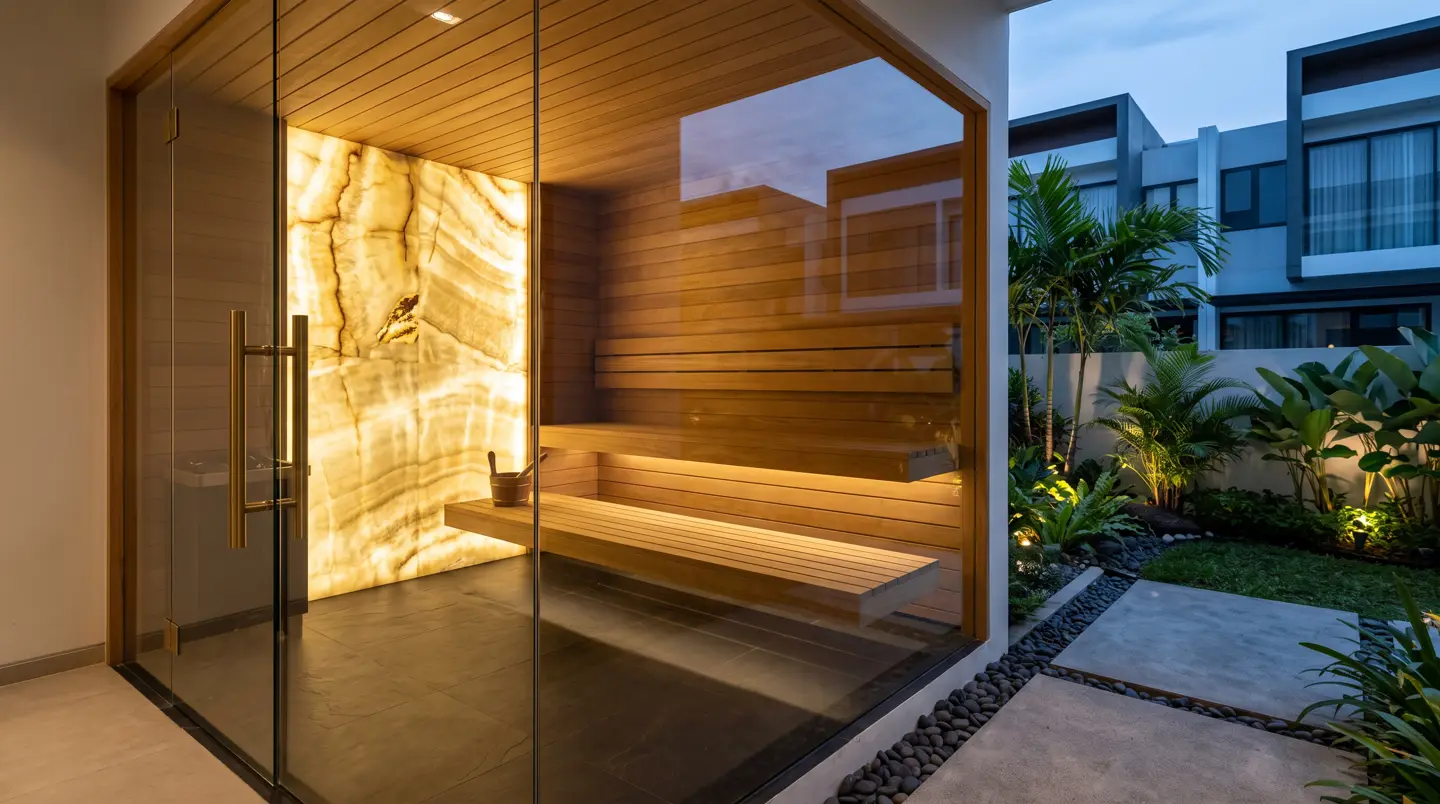 Sauna mewah custom kaca dan onyx di rumah cluster Batam Centre