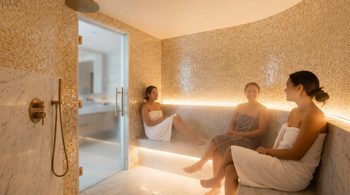 Steam room mosaik biru hijau dengan bangku melengkung di Batam