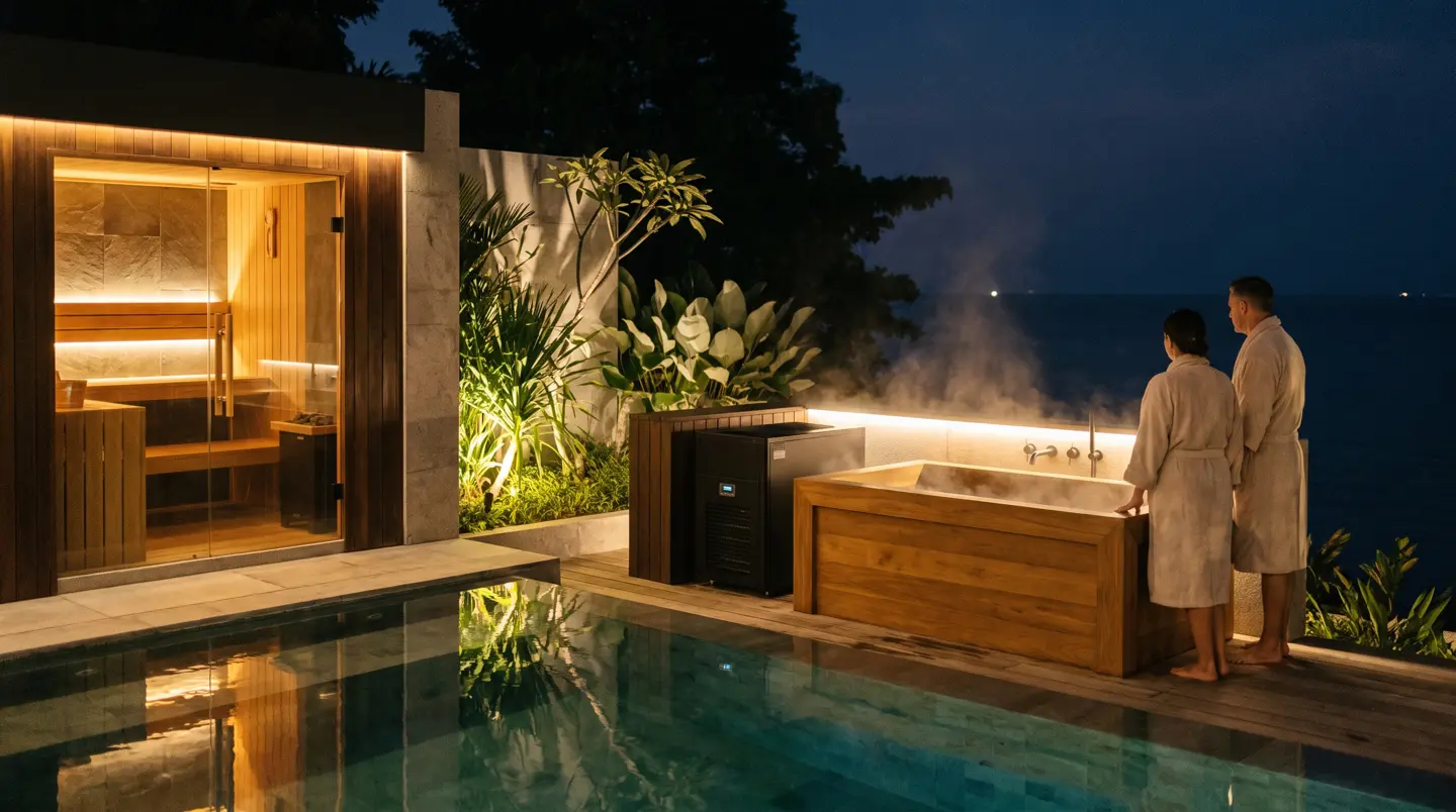Teras wellness malam hari dengan sauna kaca menyala dan ice bath berchiller hitam di Batam